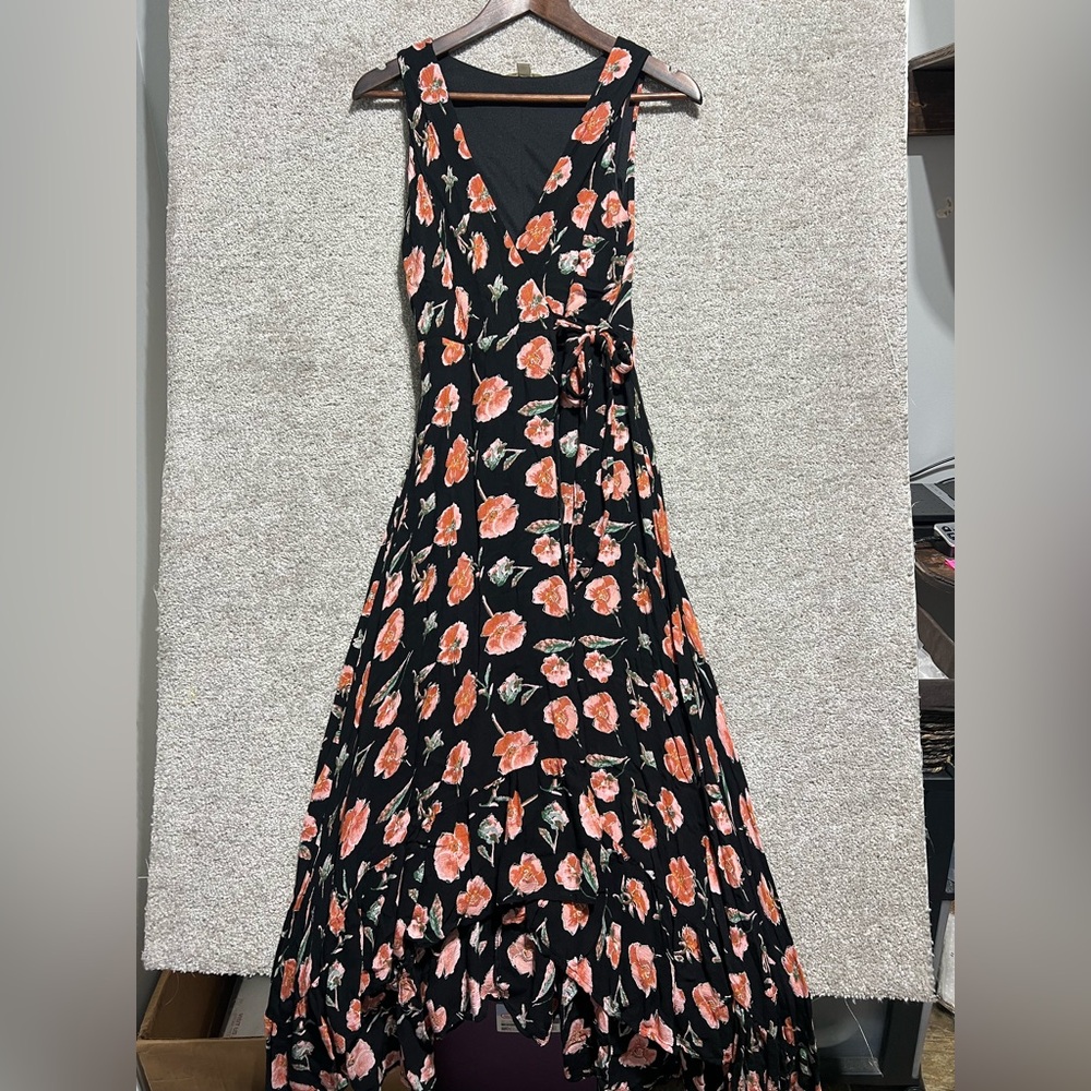 Miami Woman’s Elegant Black and Pink Floral High Low Wrap Dress Size XS